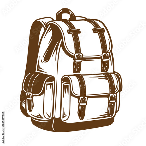 Brown backpack illustration with multiple pockets and buckles on white background for travel or school  a stylish and functional luggage option