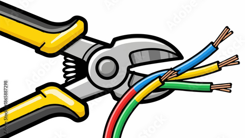 Pliers cutting wires with exposed copper strands, featuring yellow handles and metallic jaws