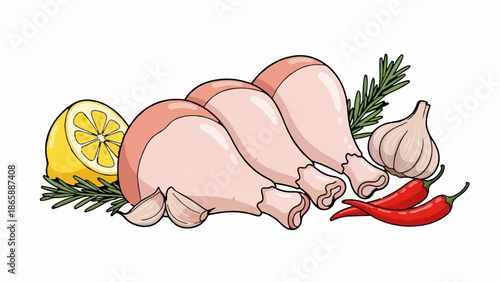 Raw chicken drumsticks with lemon, garlic, chili peppers, and rosemary