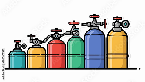 Lined illustration of six graduated colored tanks with valves