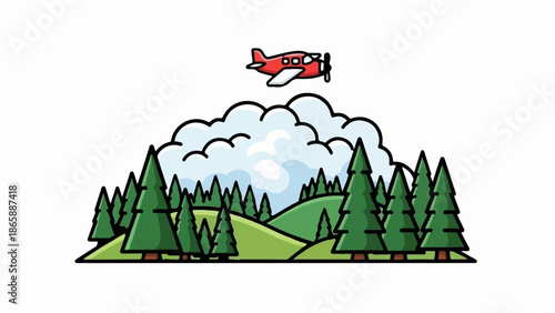 Red airplane flying over green hills and pine trees under a cloudy sky