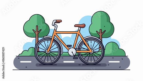 Orange bicycle parked on a road, with trees and clouds in the background