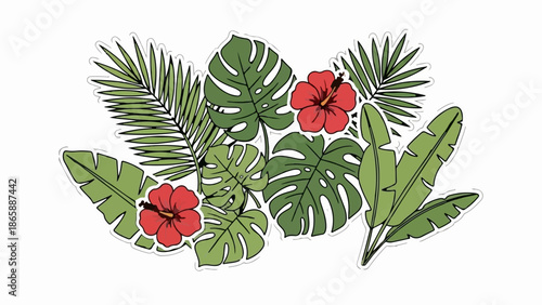 Lush tropical foliage with vibrant red hibiscus flowers, a vibrant botanical composition