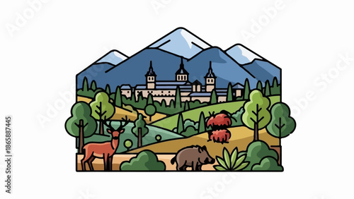 Majestic mountainous landscape with historical building, forest, and wildlife