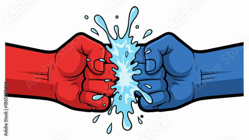 Red and blue fists collide, creating a splash of water
