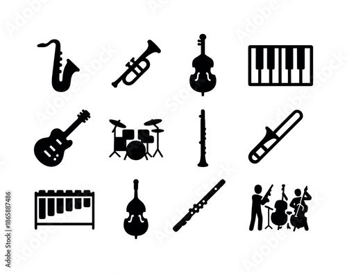 Jazz Instruments Icons. Jazz instruments. Solid icon set of Jazz instruments: saxophone, trumpet, double bass, piano keys, jazz guitar, drum kit, clarinet,