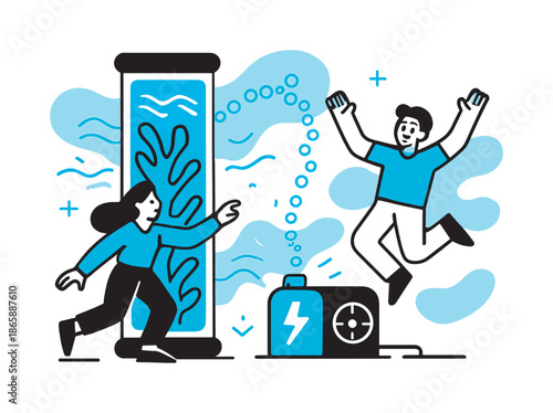 Algae Powered Generator. Algae Energy Flow. A tube filled with stylized algae glows vibrant as tiny bubble icons rise and form a beam connecting to a small