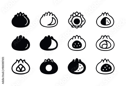 Creative Dumpling Logos. With fillings. Icon set. Set Logo of with fillings: dumpling with visible center. harmonious logo variations of the same emblematic