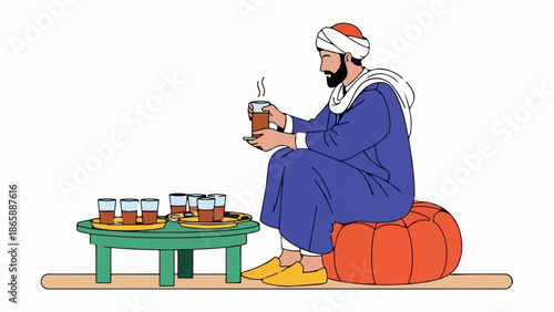 Man in traditional attire enjoys a steaming cup of tea on a cushioned seat, surrounded by many small glasses
