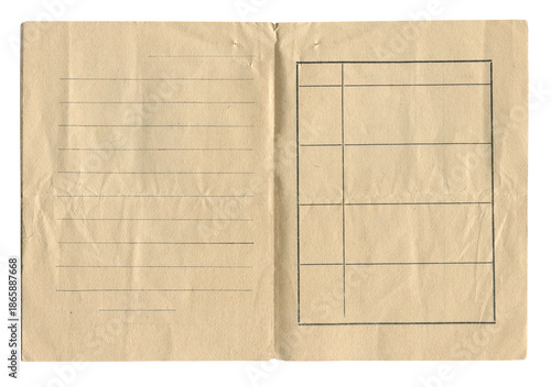 Photography vintage notebook ledger page with blank lines and tables on aged brown paper iso