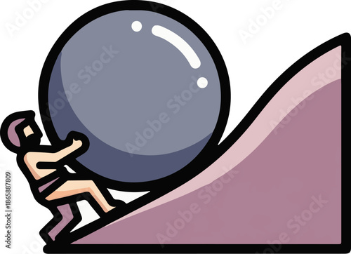 Man pushing large boulder up a steep ramp, graphic illustration