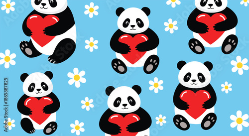 Adorable seamless pattern of cute panda bears holding big red hearts, surrounded by little white daisy flowers on a blue background.