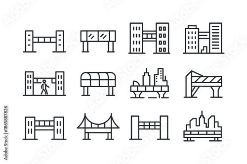 Skybridge Icon Set. Skybridge. Line icon set of Skybridge: elevated walkway, glass bridge, building connector, rooftop bridge, pedestrian skybridge, enclosed