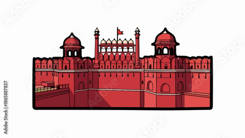 Red fortress with domes, towers, and flag