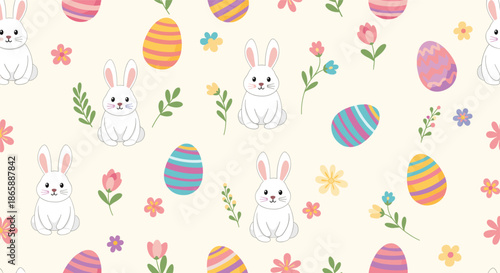 A sweet and charming seamless Easter pattern with cute white bunnies, colorful decorated eggs, and spring flowers on a cream background.