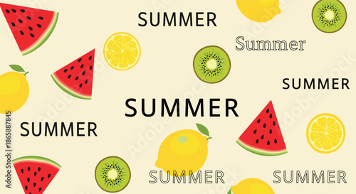 A fun, scattered summer pattern with watermelon slices, lemons, kiwi, and the word 'SUMMER' on a pale yellow background.