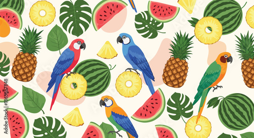 A vibrant seamless tropical pattern with colorful macaw parrots, pineapples, watermelons, and monstera leaves on a light background.