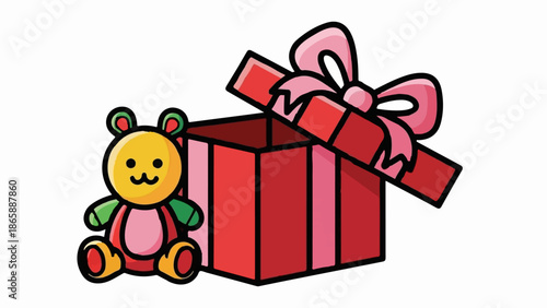 Red gift box with pink bow and teddy bear