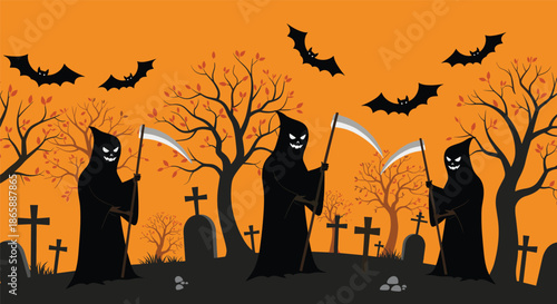 A spooky Halloween scene with several grim reapers holding scythes in a creepy graveyard at dusk with bats flying overhead.