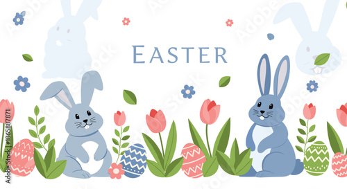 A beautiful Easter banner featuring cute blue rabbits among spring tulips and decorated eggs on a clean white background.