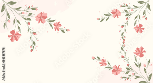 An elegant floral background with beautiful pink flowers on curving branches creating a delicate frame with copy space in the center.