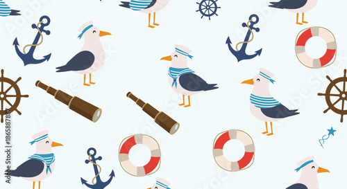 A cute and playful seamless nautical pattern with cartoon seagulls, anchors, lifebuoys, and ship wheels on a light background.