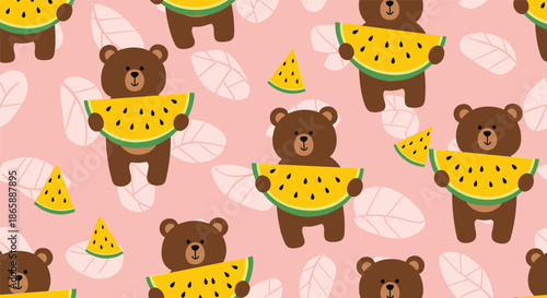 A fun seamless summer pattern with cute cartoon brown bears holding large slices of yellow watermelon on a pink background.