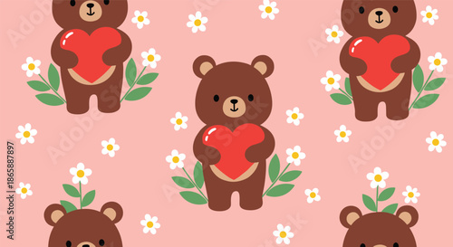 An adorable and sweet seamless pattern of cute brown teddy bears holding red hearts, surrounded by little white daisy flowers.