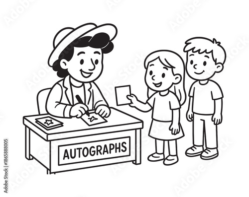 Friendly Performer Autograph Table. Autograph table children?s coloring book illustration, outlined drawing, a friendly performer at a small table signing