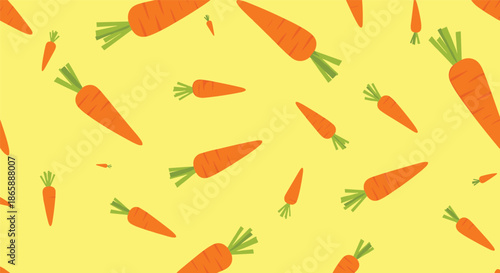 Simple seamless pattern of bright orange carrots with green tops scattered randomly across a vibrant yellow background, a healthy food concept.
