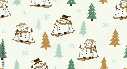 A charming seamless Christmas pattern featuring hand-drawn snowmen skiing among pine trees and snowflakes on a light background.
