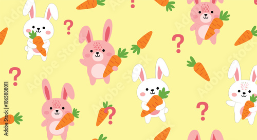 Whimsical seamless pattern featuring cute pink and white cartoon bunnies holding carrots alongside red question marks on a bright yellow background.