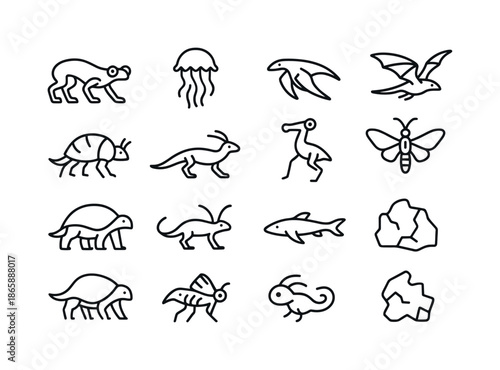 Martian Fauna Icons. Martian fauna. Line icon set of martian fauna: four-legged crawler, floating jelly creature, sand burrower, winged drifter, armored