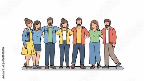 Diverse group of seven individuals standing together, arms around each other, smiling