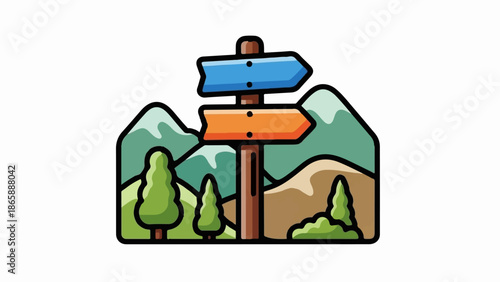 Colorful signpost in a stylized mountain landscape with trees