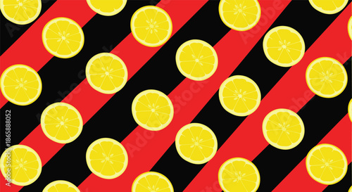 Vibrant seamless pattern of yellow lemon slices arranged over a bold background of diagonal red and black stripes for a graphic look.