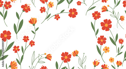 Beautiful floral frame background with a border of hand-drawn red and yellow flowers and green leaves with a blank white central space.