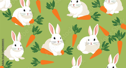 Adorable seamless pattern of cute fluffy white rabbits and bright orange carrots scattered across a pleasant light green background for Easter.