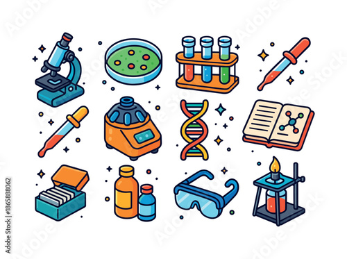 Lab Science Icons. Lab science materials. Colorful isometric vector icons set of lab science materials: microscope, petri dish, test tubes, beaker set,