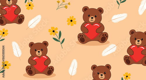 Sweet seamless pattern featuring cute brown teddy bears holding large red hearts, surrounded by yellow flowers and white feathers on a peach background.