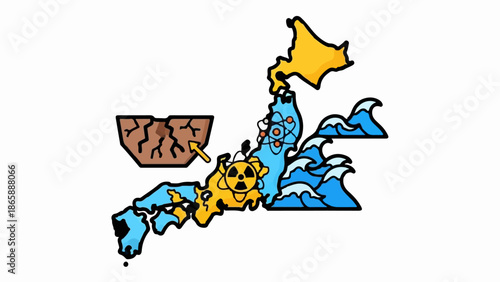 Map of Japan showing nuclear symbol, waves, and cracked earth with arrow