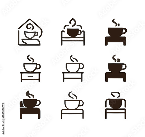 Warm Cup Icons. A warm cup of tea or milk by the bedside. Icon set. Set Logo of a warm cup of tea or milk by the bedside: steam swirl motif. harmonious logo