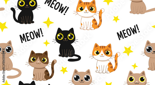 Fun and playful seamless pattern of cute cartoon cats in various colors with yellow stars and the word MEOW on a white background.