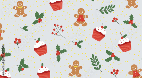 Sweet Christmas holiday seamless pattern with gingerbread men, red cupcakes with white frosting, and holly berries on a light gray background.
