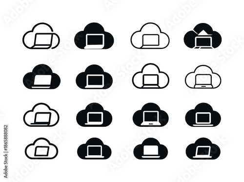 Remote Work Icons. Remote work revolution post-pandemic. Icon set. Set Logo of Remote work revolution post-pandemic: cloud workspace. harmonious logo