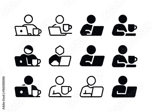 Home Office Icons. working from home. Icon set. Set Logo of working from home: person with coffee mug at computer. harmonious logo variations of the same