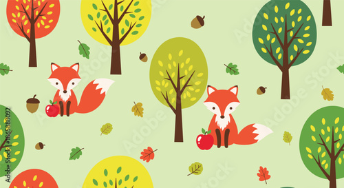 Charming autumn seamless pattern with cute red foxes sitting with apples next to colorful fall trees and acorns on a light green background.