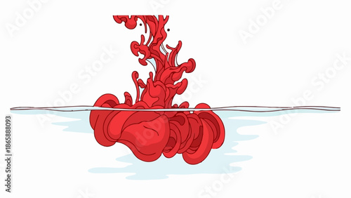 Red substance dissolves in water, creating abstract shapes