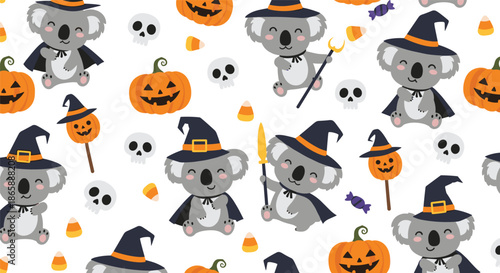 Cute Halloween seamless pattern with adorable koalas dressed as witches and wizards, mixed with pumpkins, skulls, and candy on a white background.