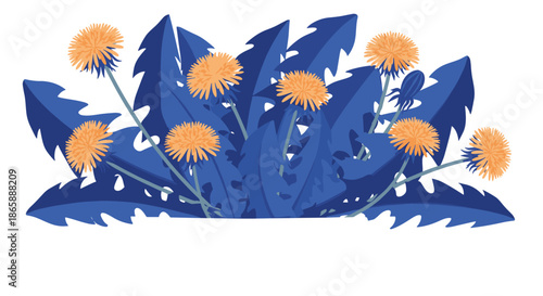 Stylized artistic illustration of a patch of yellow dandelion flowers with large, surreal blue leaves, isolated on a clean white background.